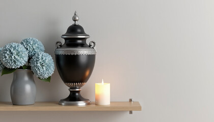 Decorative urn with flowers and candle on wooden shelf