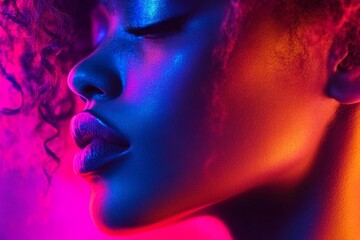 Fototapeta premium Commercial marketing conceptual art. Stunning calm black girl - for ads, ad page and social apps use. Short haircut - curly hair. Black girl glam portrait. Modern black woman. Black model.