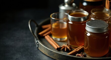 Assorted jars of honey and spices on a rustic tray