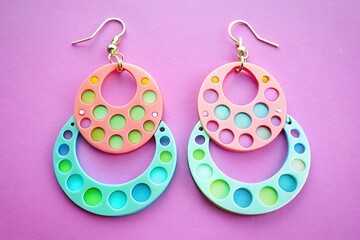 Vibrant laser cut acrylic earrings with colorful geometric shapes and perforated designs, set against a bright pastel background