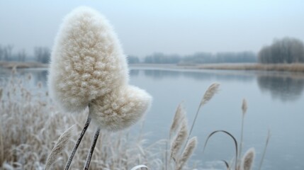 Fluffy white seed head of a plant, frosted with ice crystals, by a still winter lake.