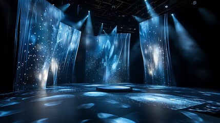 A futuristic stage with a transparent screen and dynamic 3D projections 
