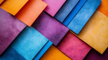 Fototapeta premium A harmonious array of colorful sheets fills the workspace, showcasing vivid tones of blue, purple, orange, and yellow. This collection invites creativity and artistic exploration