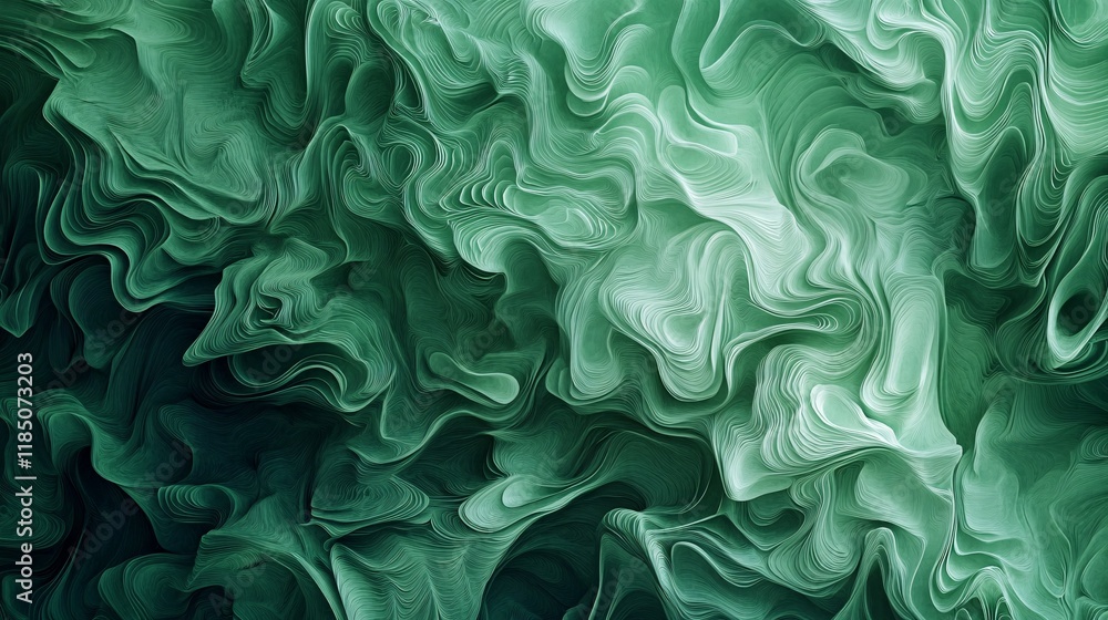 Poster a mesmerizing abstract composition featuring flowing green waves and swirls, creating a tranquil and