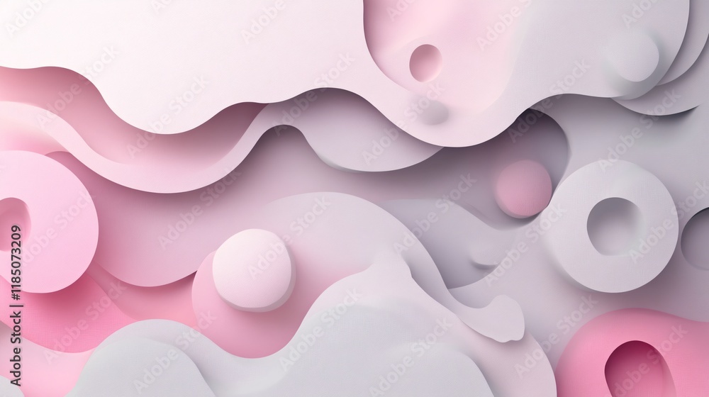 Poster an abstract composition of soft waves and circles in pink and white hues, creating a serene and mode