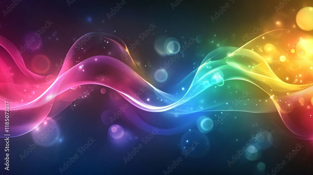 Poster colorful abstract wave pattern with vibrant gradients and sparkling effects.