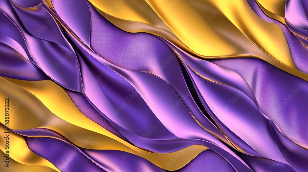 Poster a vibrant interplay of purple and gold waves, showcasing smooth satin textures that create a dynamic