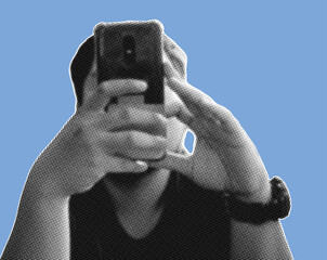 close up of man covering his face with hand holding smartphone pixelate grayscale color halftone dotted texture style collage element isolated on blue background