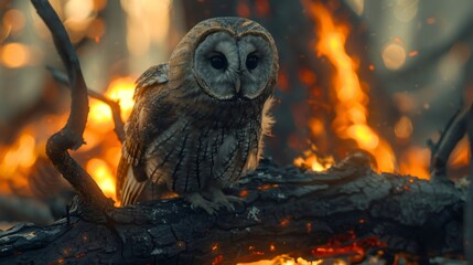 Owl perching on burning branch during wildfire