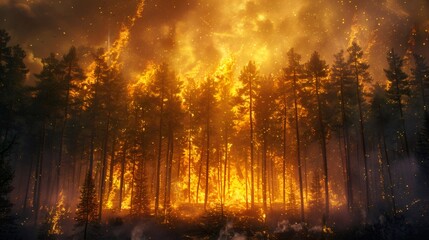 Wildfire burning through pine forest, creating a dramatic and destructive scene