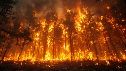 Wildfire burning through a pine forest at night, generating flying sparks and smoke