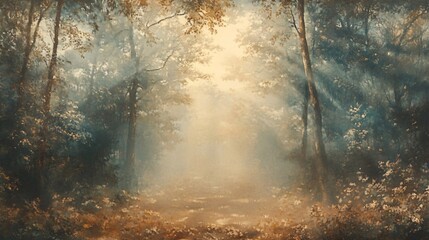 A serene forest scene with soft, golden light filtering through the trees, creating a peaceful and magical atmosphere.