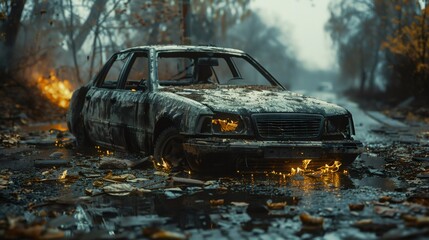 Fototapeta premium Burned car burning on a flooded road after war or riot