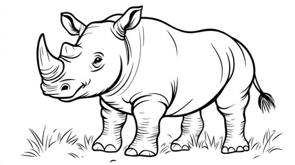 Fototapeta premium Rhino calf, grassland, line art, coloring page, wildlife