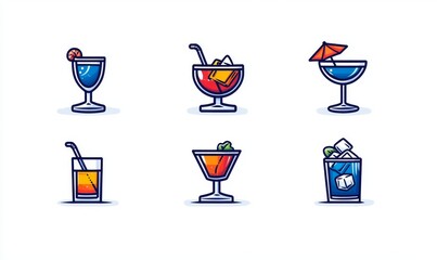 Cold-colored cocktails in glasses. Modern illustration