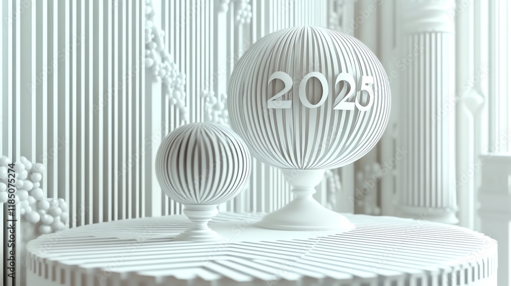 Poster a minimalistic 3d rendering featuring decorative spheres labeled 