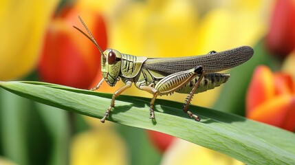 Fototapeta premium Grasshopper on leaf, tulip garden, spring, macro, nature photography, website banner