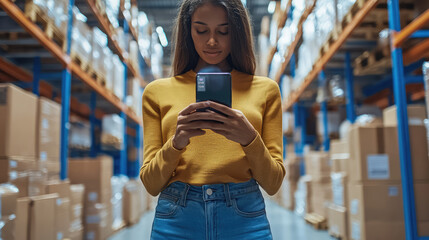 Close up of e-commerce representative showing cellphone display at camera at dropshipping agency