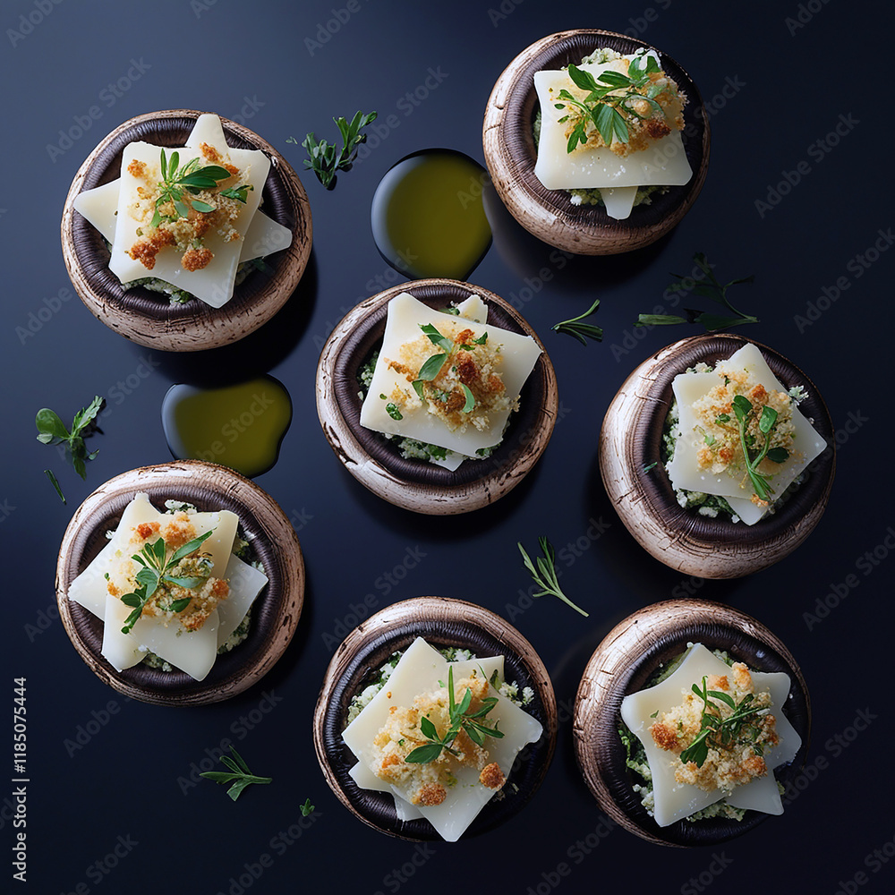 Poster Perfectly arranged floating stuffed mushrooms 