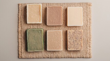 Fototapeta premium Product display packaging and organized, A flat lay of six rectangular soap bars in various shades on a textured mat, showcasing natural beauty and organic aesthetics.