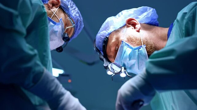 Doctors in surgical loupes carry out maxillofacial surgery. Low angle view at the surgeons concentrated on their work.