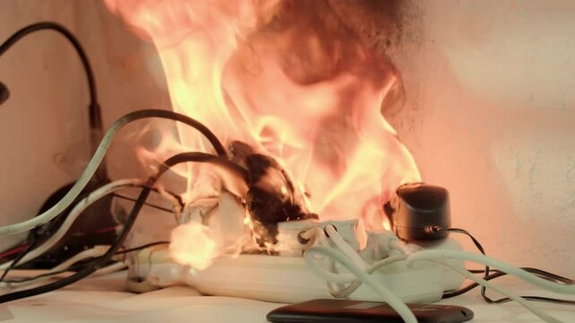 Electrical power cube strip sockets smoking and burning on fire desk indoors due to overload from connected electrical appliances.
