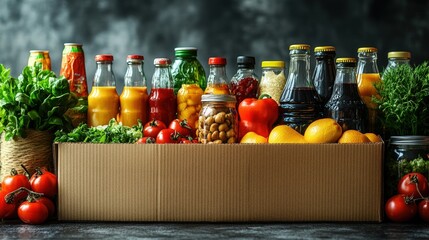 Assorted food and drinks in a cardboard box.