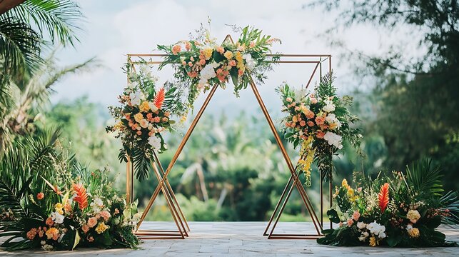 A geometric wedding arch with triangular metal frames and tropical flowers 