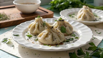 Cooked khinkali dumplings served on a white plate, garnished with fresh herbs and ground pepper. A traditional Georgian delicacy presented elegantly, perfect for a cultural dining experience.