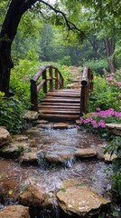 Fototapeta premium Nestled in a peaceful woodlands, a rustic wooden bridge crosses a gentle stream, inviting nature lovers to explore the lush greenery and blooming flowers nearby, creating a perfect escape