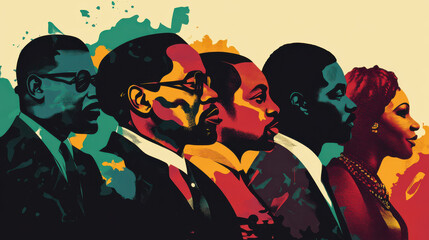 Black History Month poster featuring iconic figures and cultural hues.