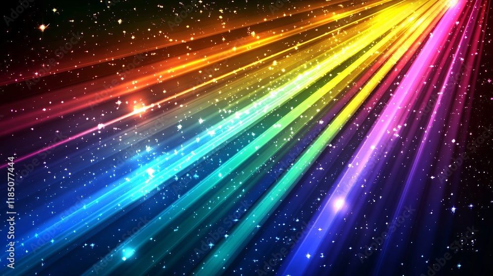 Poster vibrant beams of light in a spectrum of colors creating a magical cosmic effect against a dark backd