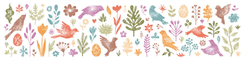 Bird, Easter egg and flower vector icon illustration. Cute spring cartoon background with abstract element. Hand drawn design. Branch plant tree leaf silhouette pattern. Crayon chalk garden shape bg