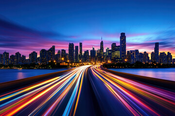 Fototapeta premium City Skyline at Night with Light Trails