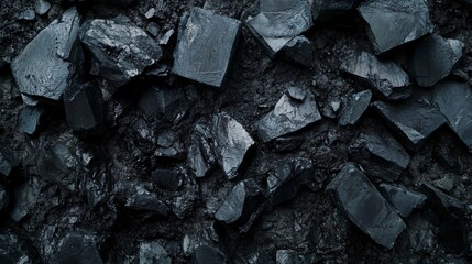 A close-up of a dark, textured surface featuring rough, unpolished pieces of coal rock.