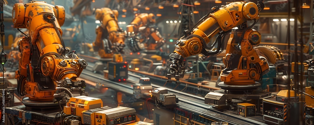 Poster automated robotic factory assembly line producing goods.