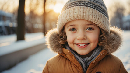 Young child smiles warmly while enjoying a winter day in a snowy neighborhood