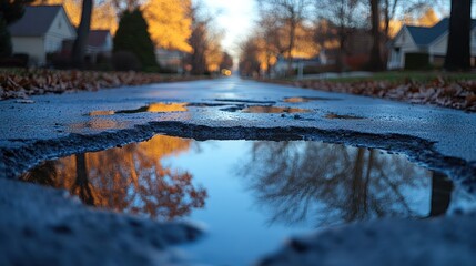 Autumnal reflection in a pothole on a residential street.