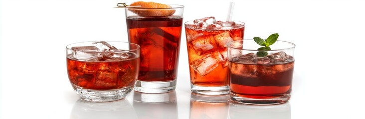 A collection of classic cocktails presented in an isolated set, designed for a cocktail menu, on a white background