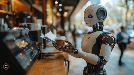 Fototapeta premium AI-powered Robotic Barista Serves Coffee in Bustling Café Environment During Midday Rush