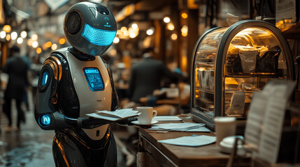 Fototapeta premium Robotic Assistant Engaged in Service Tasks Within a Bustling Cafe Environment During Evening Hours