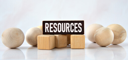 RESOURCES - word on a wooden brown block with balls lying next to it on a white background