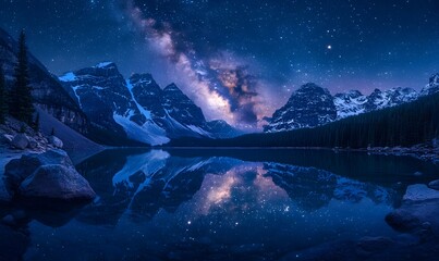 Naklejka premium Milky Way Galaxy Visible Over Lake Moraine at Night