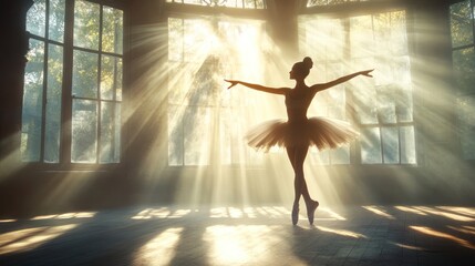 Ballerina in sunlit room, graceful pose, pointe shoes, tutu, windows, rays, light.