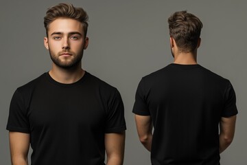 A young man with stylish hair, wearing a plain black t-shirt mockup, poses in a studio setting. The image shows both front and back views, highlighting the shirt's fit and design.