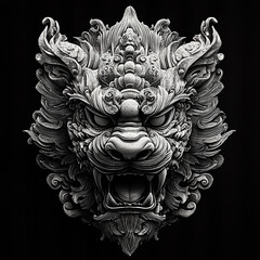Shishi Lion Mask black and white illustration