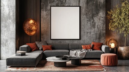 Modern living room interior mockup with blank poster.