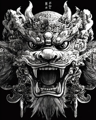 Shishi Lion Mask black and white illustration