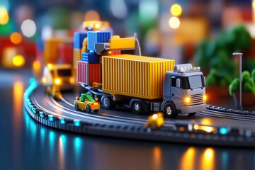 Toy Container Trucks on Curved Track with Vibrant Lights