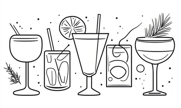 Modern drink and alcohol icon set featuring hand-drawn cocktails. Collection of sketch elements. Set of line art illustrations of alcoholic beverage glasses